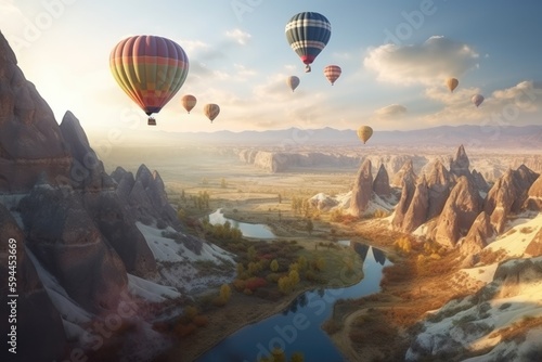 Many hot air balloon in sunset. Cappadocia Generative AI