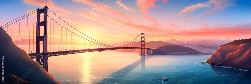 Fototapeta premium Golden gate bridge at Sunset, San Francisco. Generative Ai.