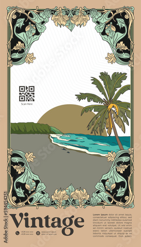 Vintage beach and coconut tree design concept frame border with Art nouveau style 