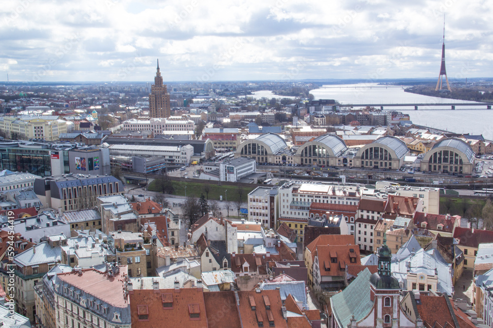 Beautiful view of the city center near the Daugava River in Riga, Latvia