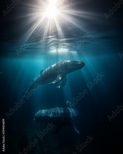 Generative AI, dad whale and baby whale in the open ocean swim underwater, rays of light through the water, love, family, marine animals, whales, father's day card, father and child, mother  © Julia Zarubina