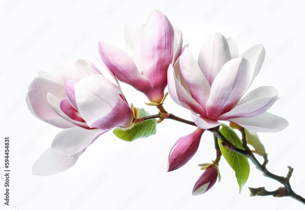 Magnolia flower in purple with white background,  light pink color, floral. Generative AI.