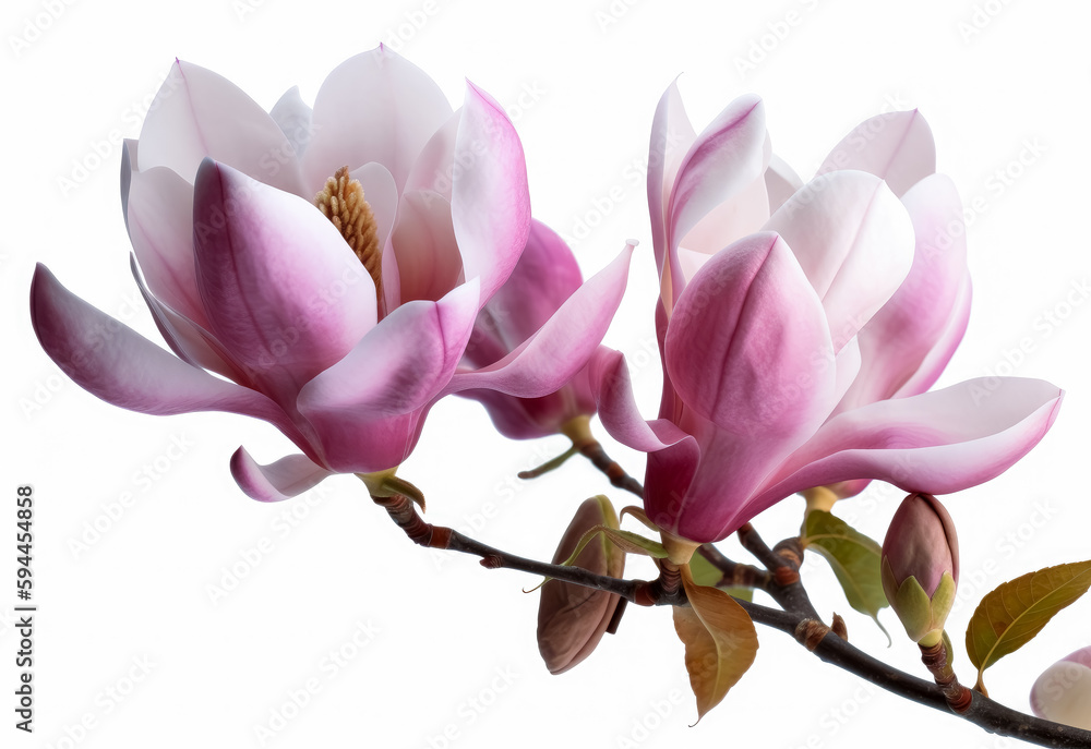 Magnolia flower in purple with white background, light pink color, floral. Generative AI. Magnolia flower in purple with white background, light pink color, floral. Generative AI.