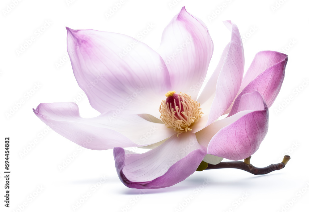 Magnolia flower in purple with white background,  light pink color, floral. Generative AI.