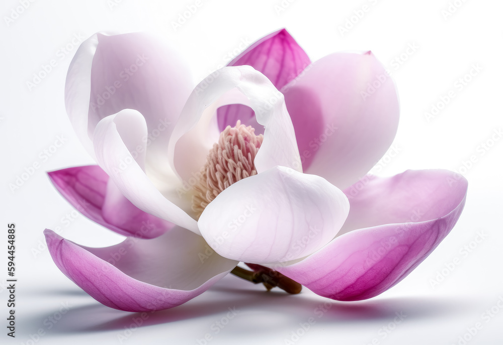 Magnolia flower in purple with white background,  light pink color, floral. Generative AI.