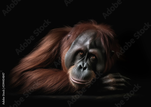 retrato de un orangután recostado sobre fondo negro