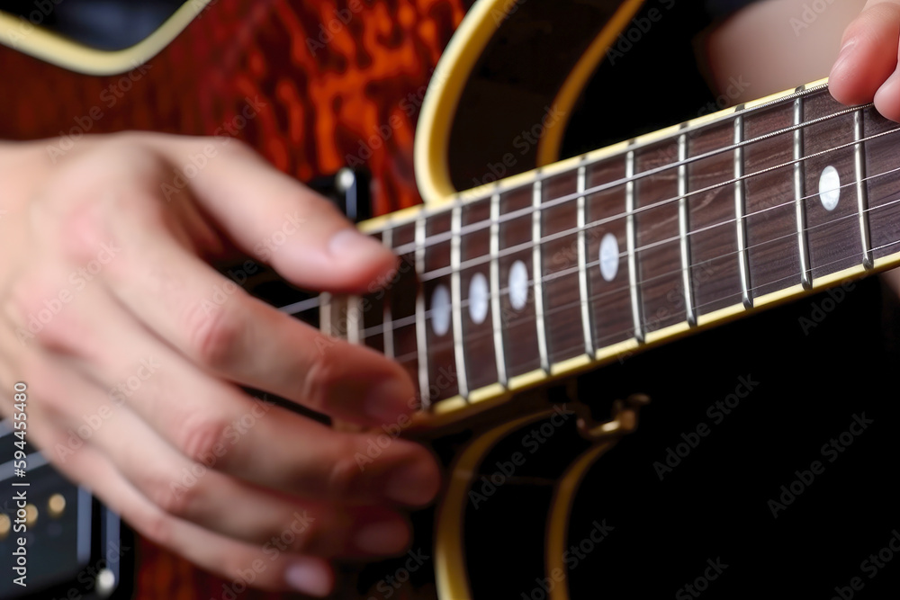 Musician Playing His Electric Guitar. Close Up Shot. High quality generative AI