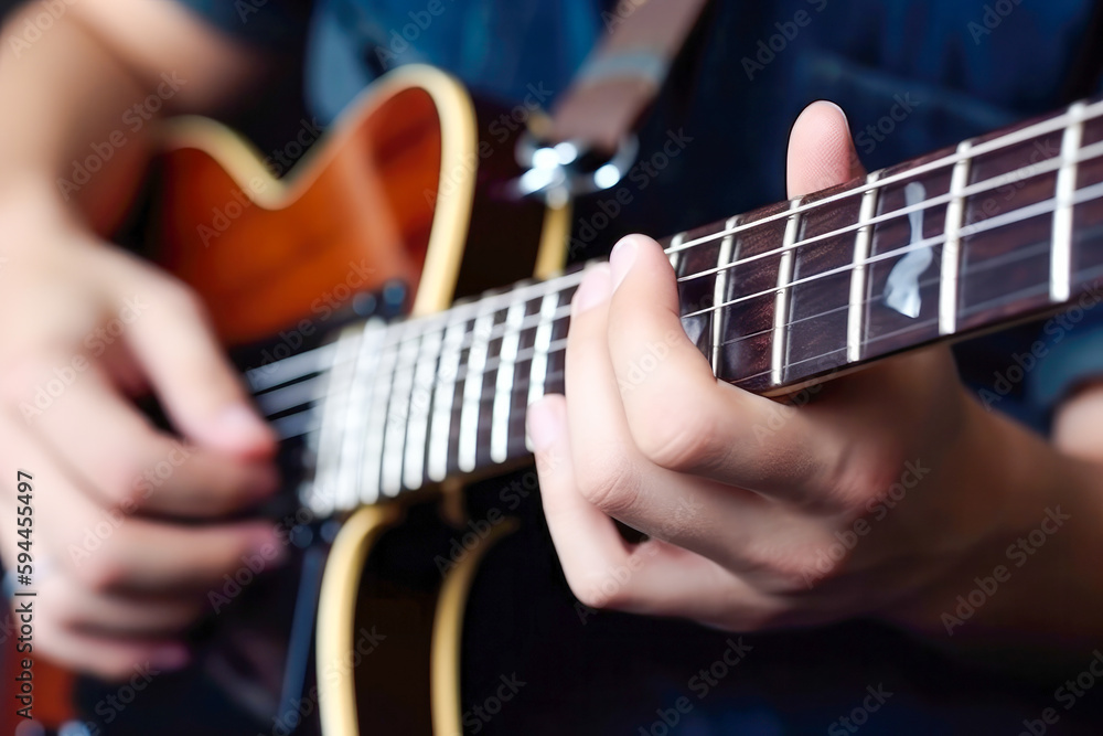 Musician Playing His Electric Guitar. Close Up Shot. High quality generative AI