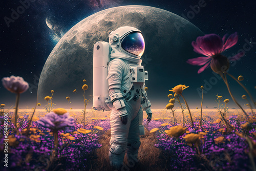 Female astronaut standing on the field of flowers on another planet  generative AI