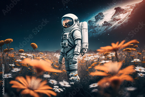 Astronaut standing on the field of flowers on another planet, generative AI © finwal89
