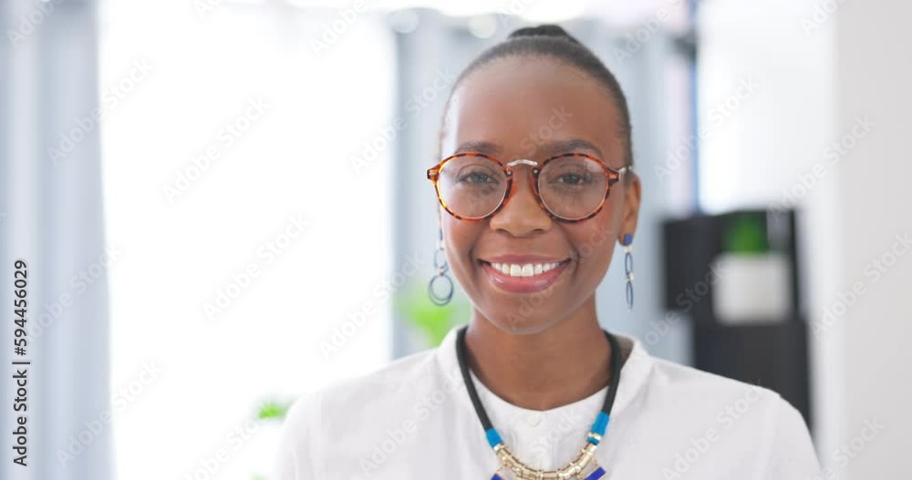 Laughing, business and face of black woman in office workplace with pride for career or job. Portrait, female entrepreneur and happy, funny or professional young person from South Africa with glasses Laughing, business and face of black woman in office workplace with pride for career or job. Portrait, female entrepreneur and happy, funny or professional young person from South Africa with glasses