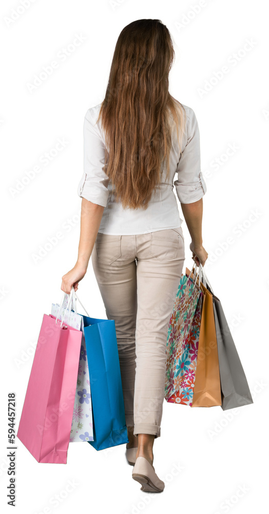 Beautiful young woman with Shopping bags on white background