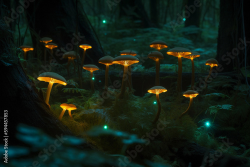 Hongos setas brillantes en bosque con ambiente mágico de fantasía. Generative ai.