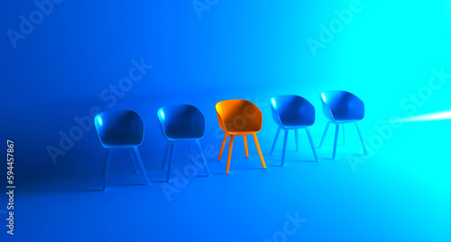 The yellow chair that stands out from the crowd. Business concept 3D rendering. We are hiring. Leadship concept. photo