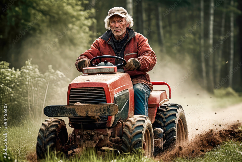 Obraz premium Older man riding a small tractor, high quality generative ai