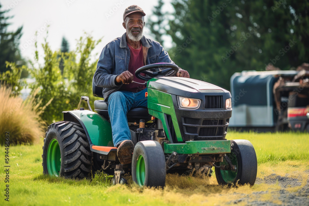 Obraz premium Black man riding a tractor mower on a sunny day, high quality generative ai