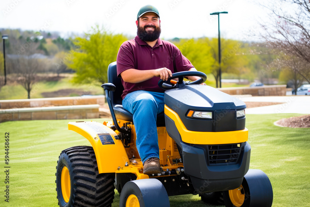 Fototapeta premium Man with a beard riding a tractor mower on a sunny day, high quality generative ai
