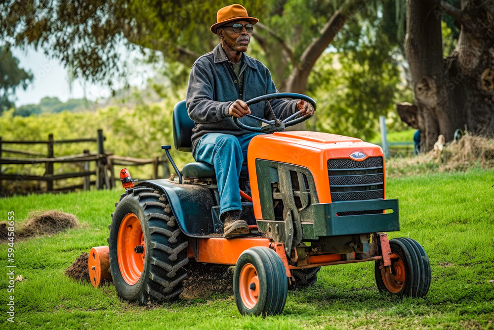Obraz premium Black man riding a tractor mower on a sunny day, high quality generative ai