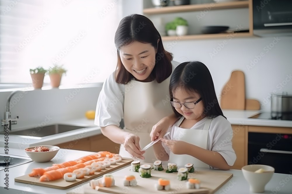 Japanese mother and daughter making sushi together, Generative AI