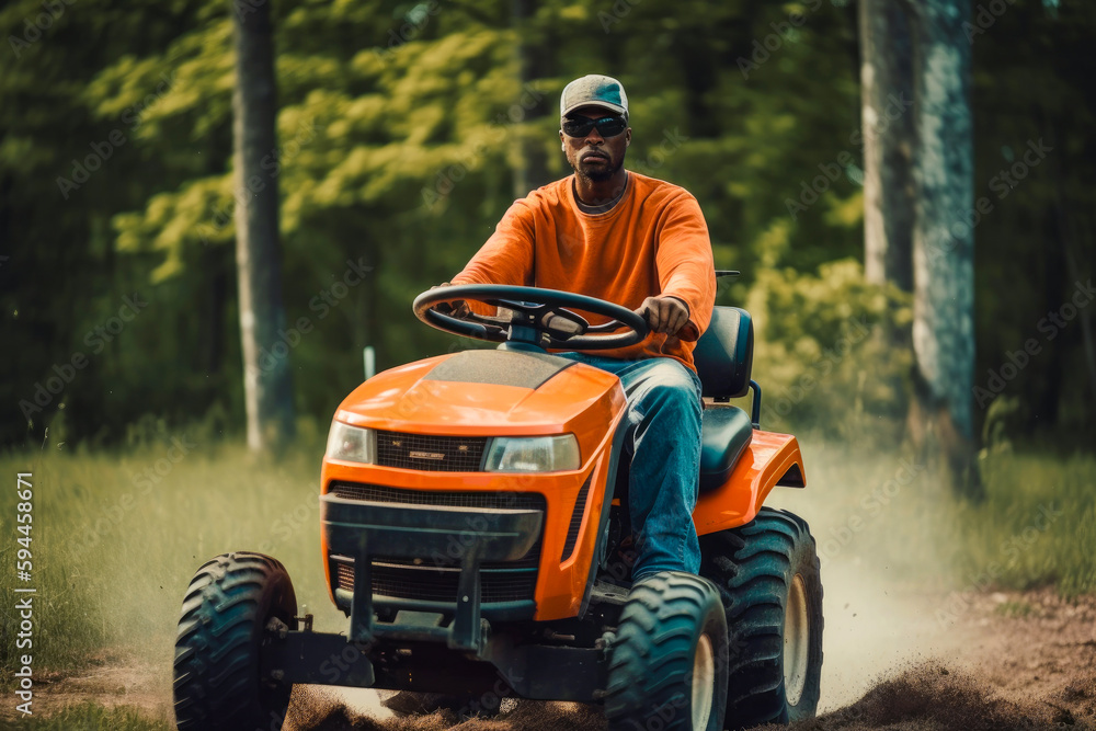 Black man riding a tractor mower on a sunny day, high quality generative ai Black man riding a tractor mower on a sunny day, high quality generative ai