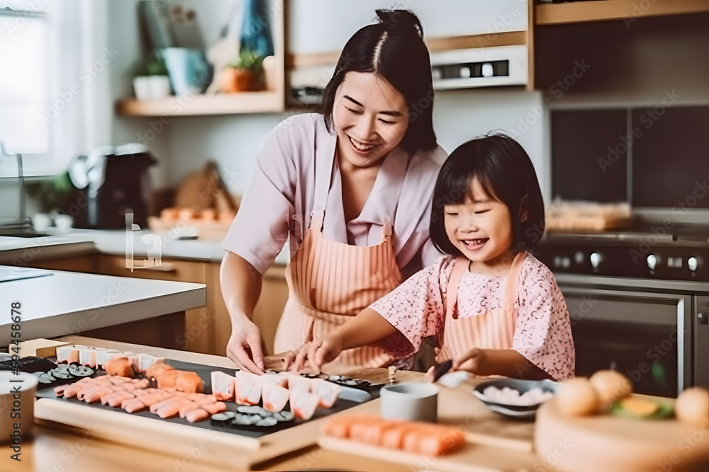 Japanese mother and daughter making sushi together, Generative AI