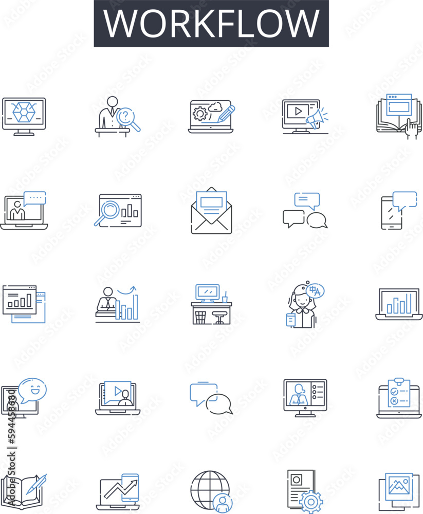 Workflow line icons collection. Business process, Task system, Work schedule, Job procedure, Project framework, Operational flow, Production cycle vector and linear illustration. Organizational system