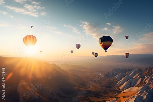 Hot air balloons flying over mountains, Generative AI