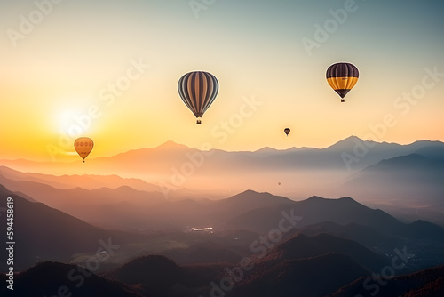 Hot air balloons flying over mountains  Generative AI