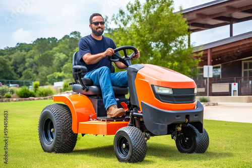 Man riding a tractor mower on a sunny day, high quality generative ai © MVProductions