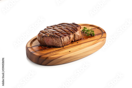 a wooden plate of beef steak grilled with sauce isolated on white background. Created with Generative AI Technology