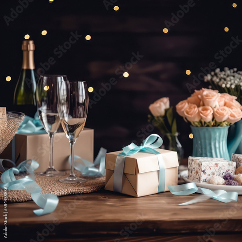 A table full of gifts, a bottle of champagne, decorated with flowers to celebrate Mother's Day, wedding or birthday. generative AI