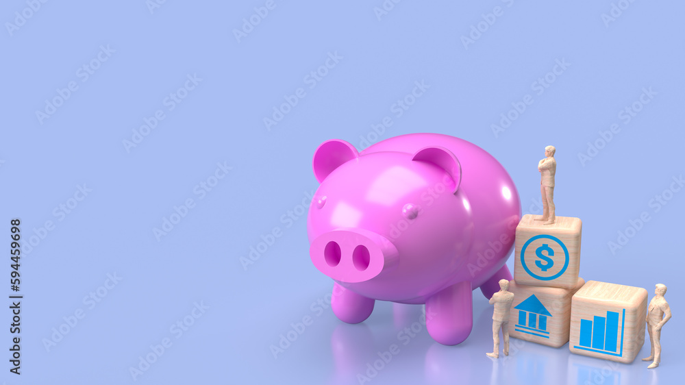 The piggy bank and wood cube  for saving or business concept 3d rendering