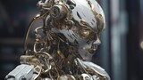 mech cyborg made out of pure white ceramic and golden, robot ia