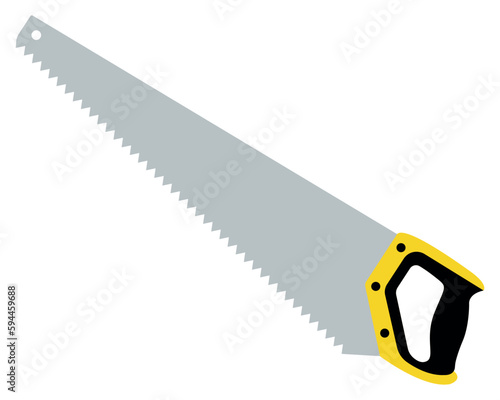 Colorful hacksaw for cutting wood or blocks in a realistic flat style on a white background. Handyman tool for repairs. Construction themed vector illustration for icon, logo, sticker, patch, label
