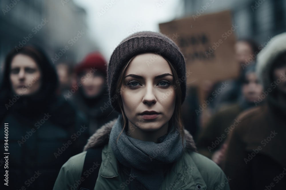 Womans marching in protest with a group of protestors with their fist raised in the air as a sign of unity for diversity and inclusion. generative AI Womans marching in protest with a group of protestors with their fist raised in the air as a sign of unity for diversity and inclusion. generative AI