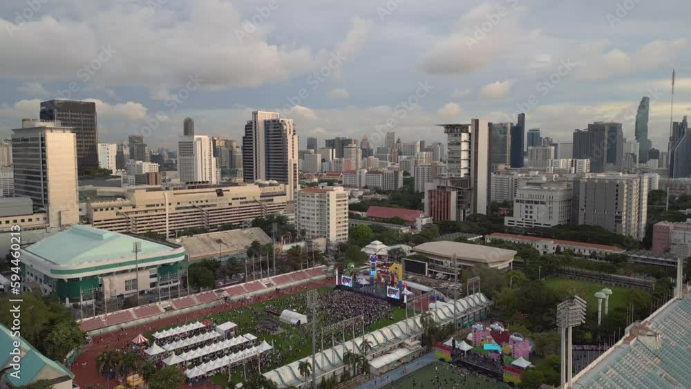 stadium sports soccer field Bangkok city. Magic aerial top view flight drone stadium sports soccer field Bangkok city. Magic aerial top view flight drone