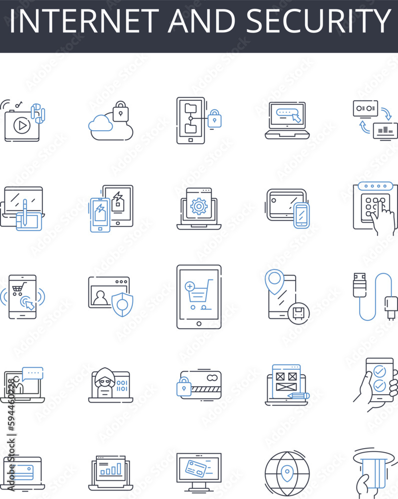 Internet and security line icons collection. Cybersecurity, Online protection, Web security, Digital safety, Firewall, Data encryption, Malware prevention vector and linear illustration. Identity Internet and security line icons collection. Cybersecurity, Online protection, Web security, Digital safety, Firewall, Data encryption, Malware prevention vector and linear illustration. Identity