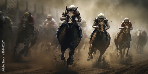Horse racing competition. Horse racing. Horses. Generative AI. Horses compete with each other. Derby. Sport. Racing track. Racetrack