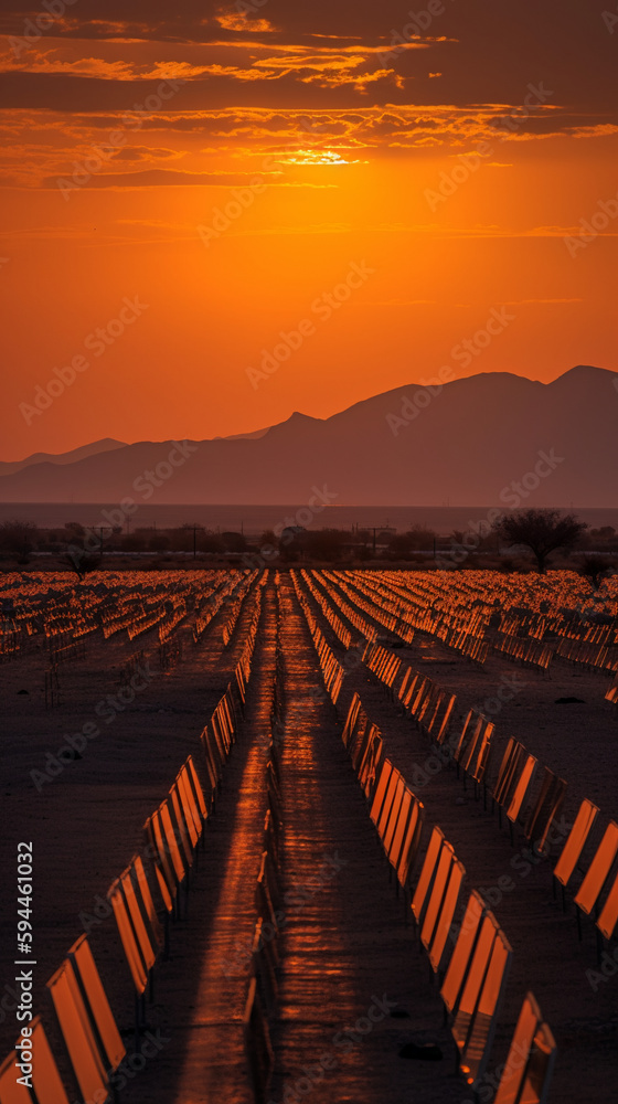 Rows of solar panels reflecting sunset sky, ecoregion landscape, orange and red hues, cloud afterglow, renewable energy concept, generative AI.