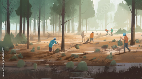 Diverse group planting trees for reforestation efforts in a green world, ecoregion landscape with trees, grass, and plants, beautiful art depiction of biome adaptation, generative AI.