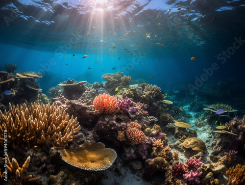 Vibrant coral reef ecosystem with diverse marine organisms, underwater scene with water and light, coastal and oceanic landforms, ideal for marine biology projects, generative AI.