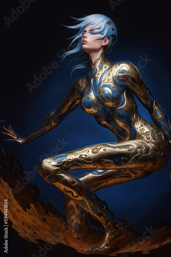 Beautiful alien girl, alien princess wearing golden armor, Fantasy creation. Generative AI illustration