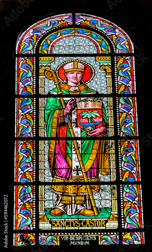 Saint Castor of Apt stained glass, Nimes Cathedral, Gard, France. Created 1100 AD. St. Castor born Nimes 420 AD