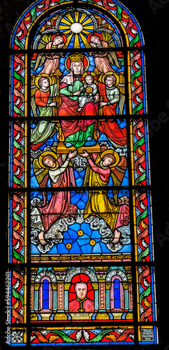 Virgin Mary angels stained glass  Nimes Cathedral  Gard  France. Church created 1100 AD.