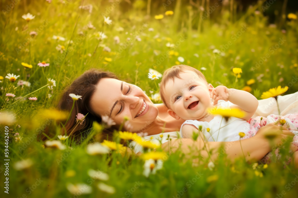 Young mother with cute little baby cuddling in a meadow with daisy flowers. High quality generative ai Young mother with cute little baby cuddling in a meadow with daisy flowers. High quality generative ai