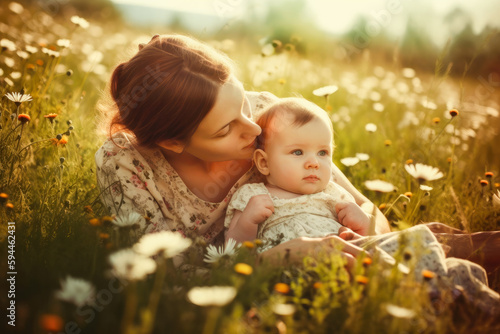 Young mother with cute little baby cuddling in a meadow with daisy flowers. High quality generative ai