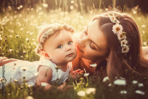 Young mother with cute little baby cuddling in a meadow with daisy flowers. High quality generative ai