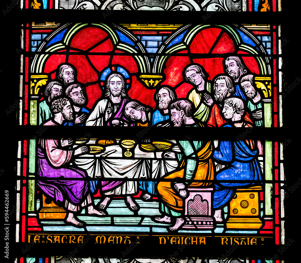 Jesus and disciples Last Supper, stained glass, Notre-Dame of the Assumption, Sainte-Marie-du-Mont, Normandy, France. 11th to 13th Century