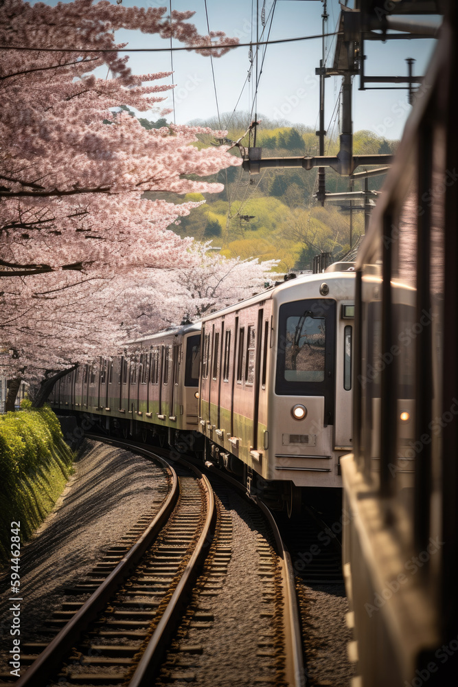 Obraz premium Cherry blossoms bloom along the railway line in Kyoto, Japan, and the scenery of local trains running on the rails.
