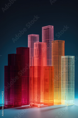 Urban skyscrapers made of translucent colored cuboid gel stacks 